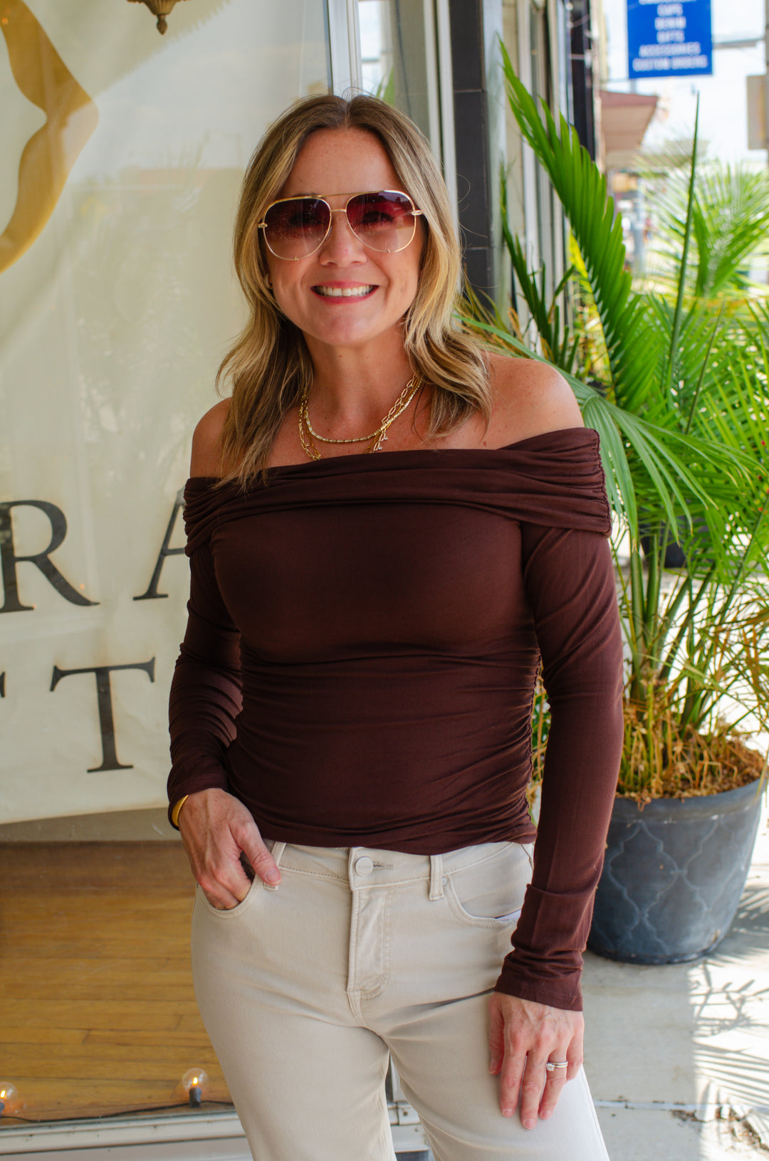 Casual Sophistication Off-the-shoulder Top in Brown