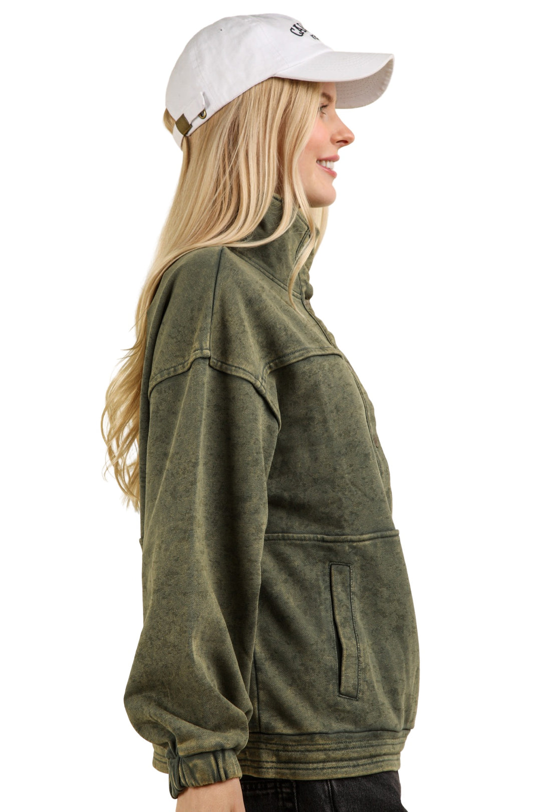 Take It Easy Mineral Washed Button Down Henley Sweatshirt Top in Olive