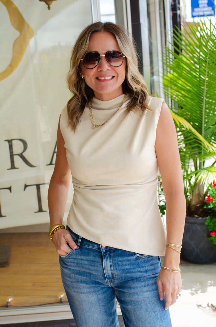 On My Way Faux Suede Cinched Asymmetrical Hem Sleeveless Top in Oyster