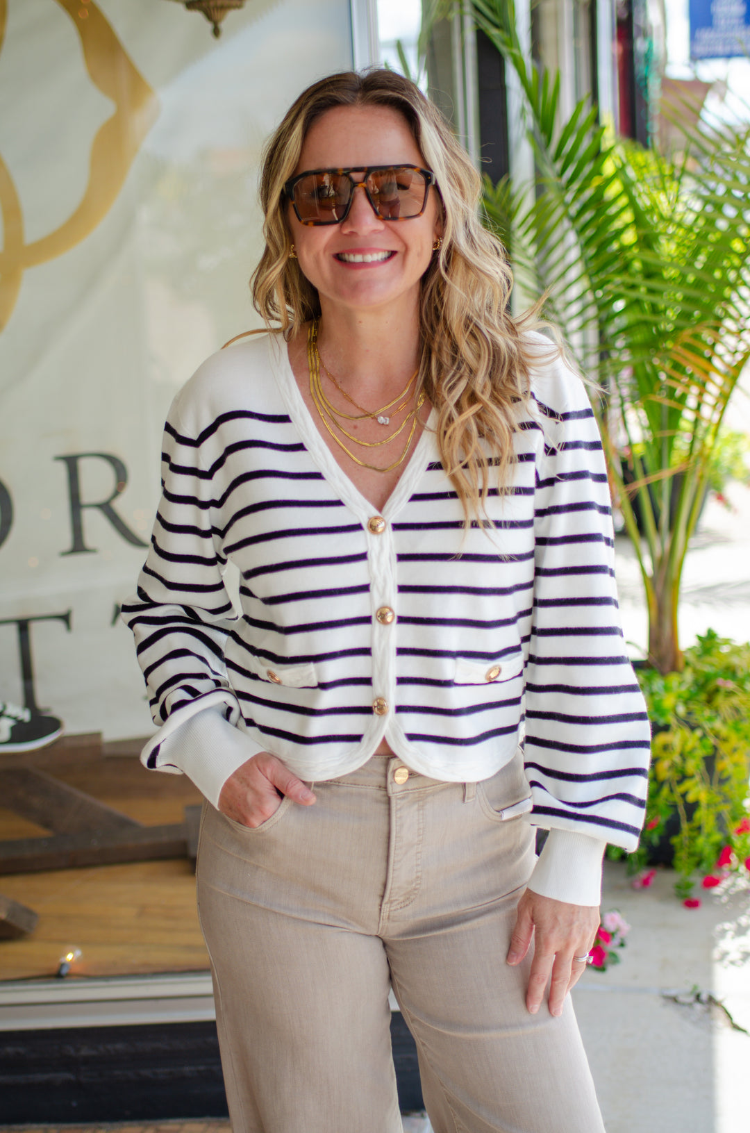 Class Act Stripe Long Sleeve Braided Trim Cardigan in Cream