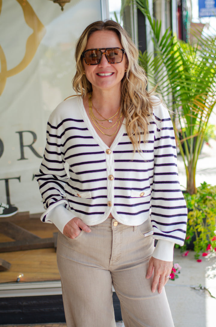 Class Act Stripe Long Sleeve Braided Trim Cardigan in Cream