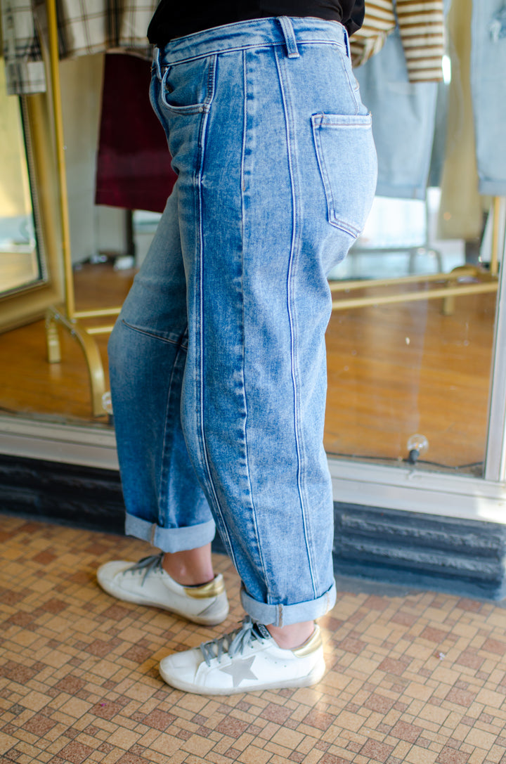 Risen High Rise Boyfriend Cuffed Barrel Jeans in Medium Wash