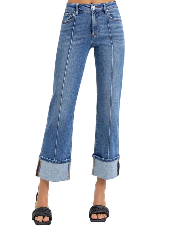 Risen High Rise Ankle Straight Wide Cuff Jeans in Medium Wash