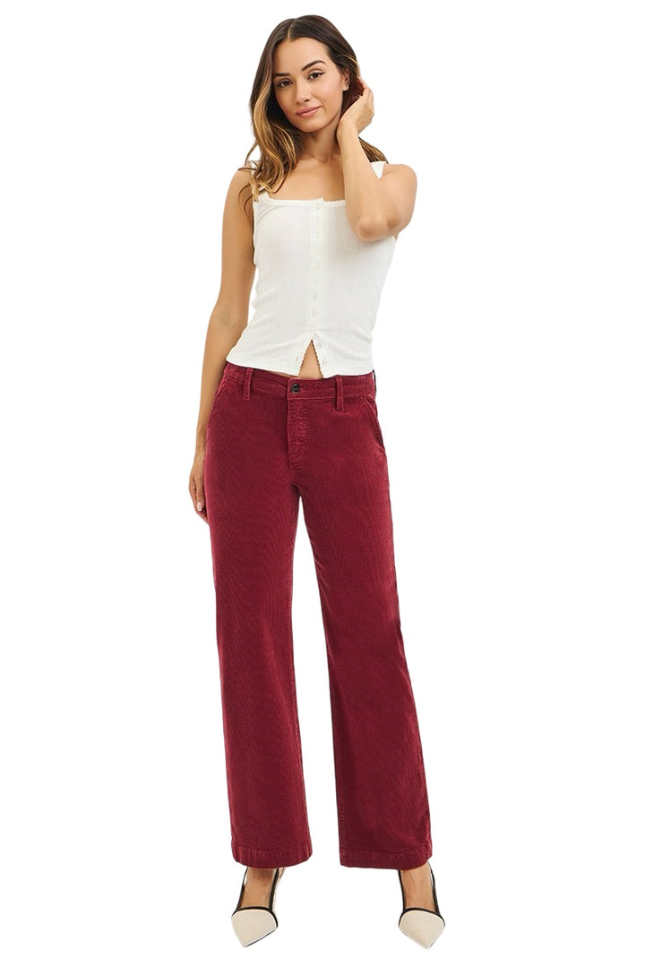 Risen Tummy Control Mid Rise Ankle Straight Leg Corduroy Pants in Wine