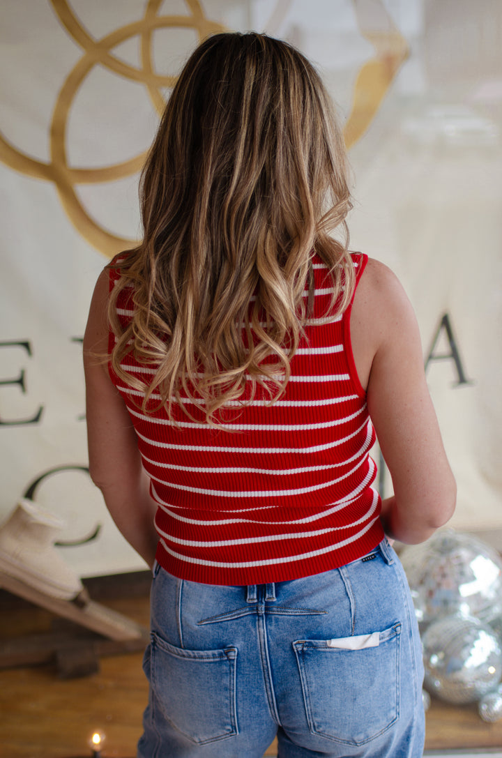 Last Chance Stripe Fitted Collared Tank in Red