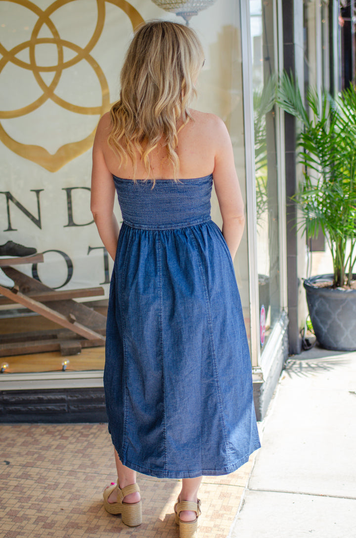 Simply Charmed Denim Strapless Midi Dress in Dark Wash