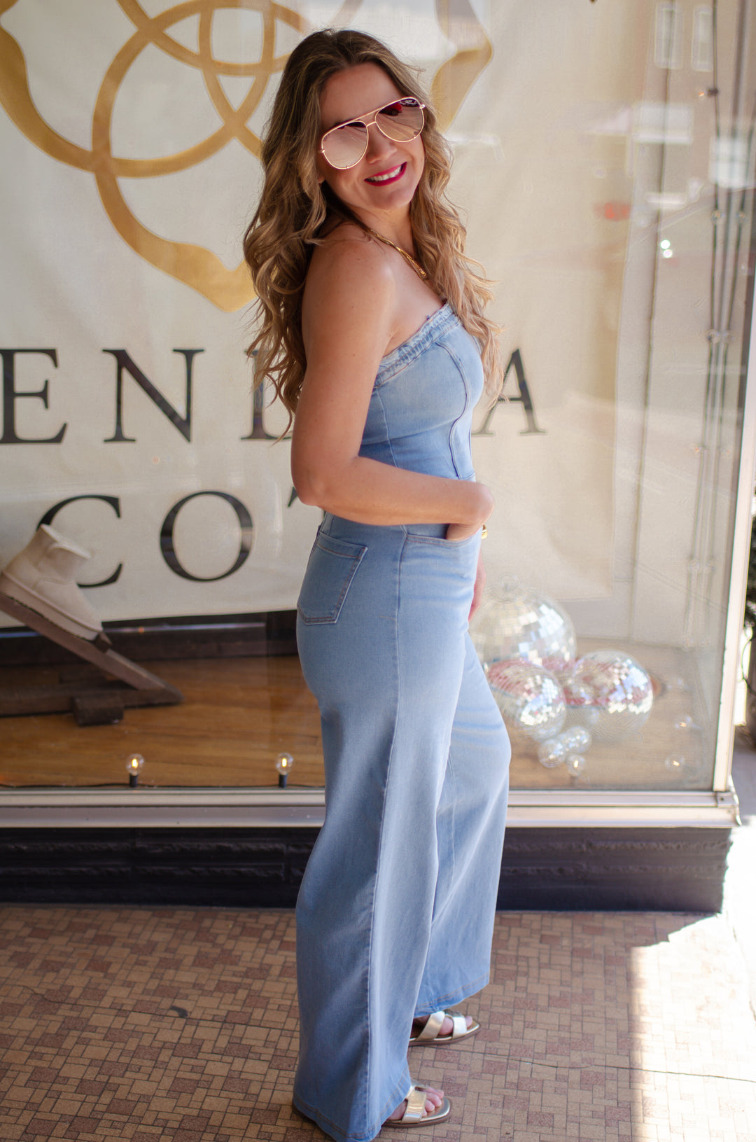 Love of Denim Strapless Wide Leg Jumper in Light Denim