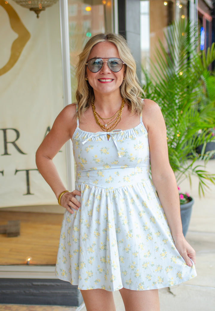 Summer Floral Print Corset Top Empire Waistline Dress in Baby Blue Medium