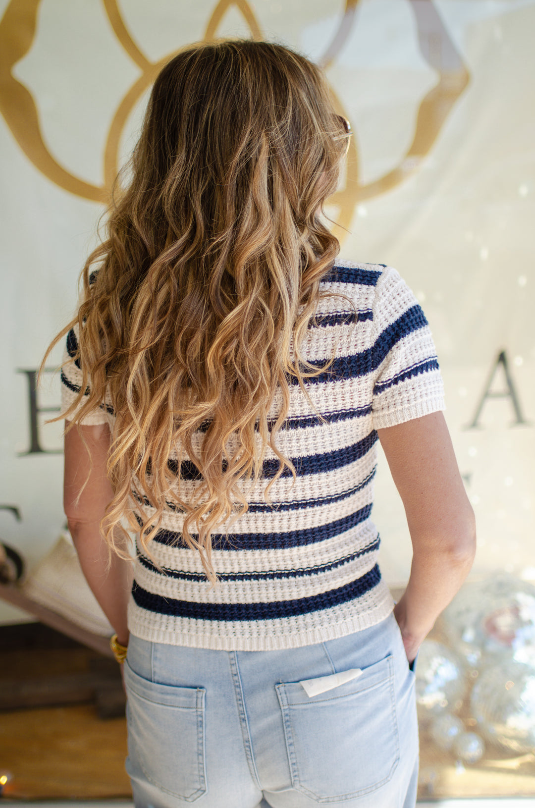 First Love Stripe Collated Scallop Trim Crochet Top in Navy & Cream