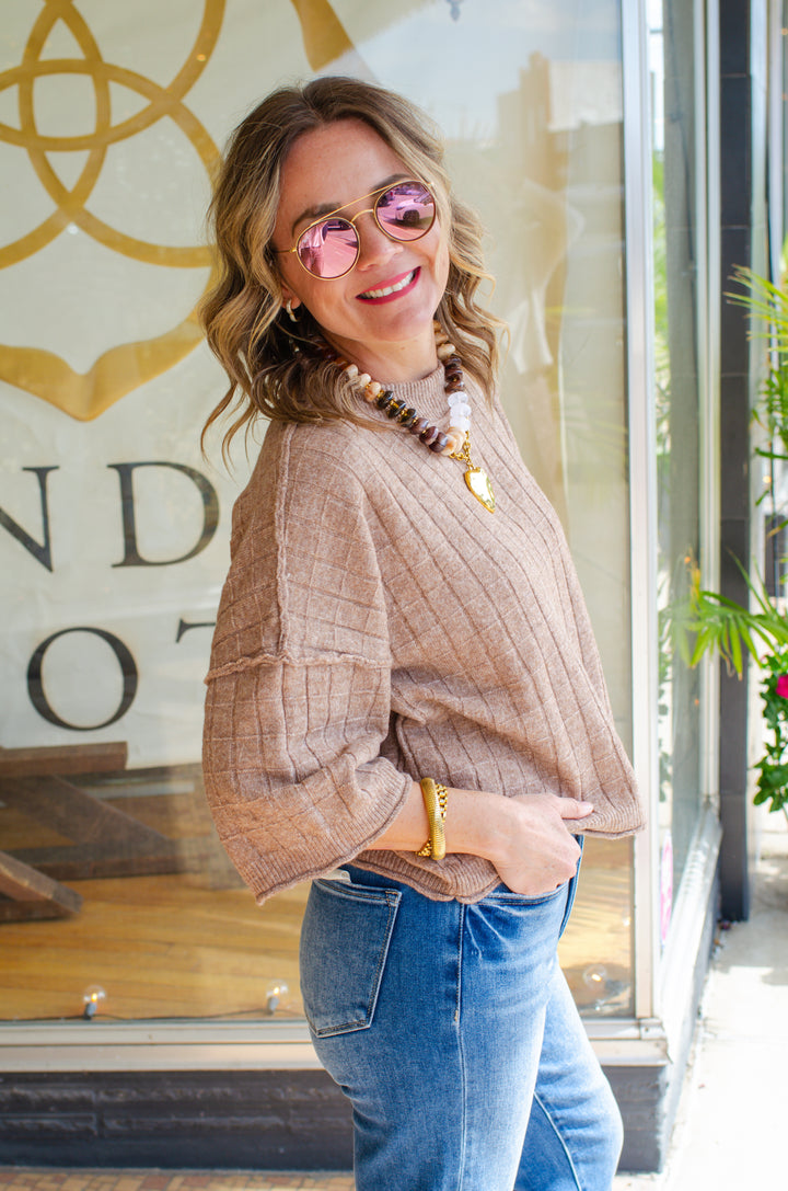 Perfect Fall Short Sleeve Textured Sweater Top in Mocha