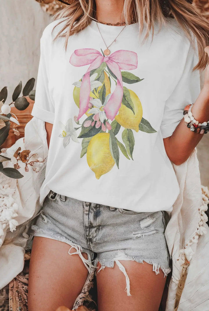 Lemon with Pink Bow Oversized Graphic Tee In Ivory