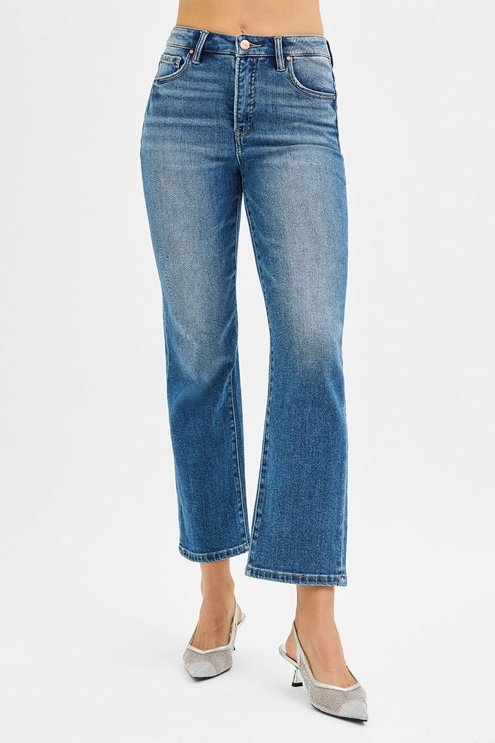Risen Tummy Control High Rise Crop Straight Jeans in Medium Wash