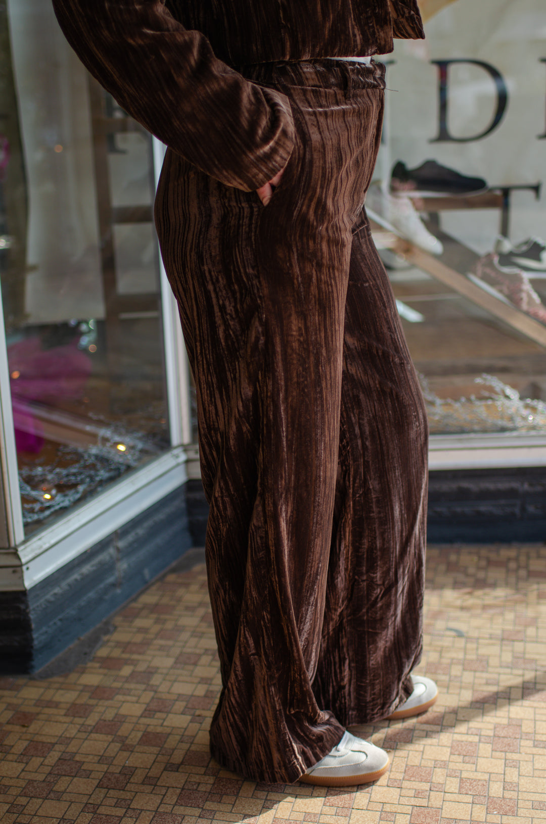 Pure Luxury Chocolate Brown Crushed Velvet Mid Rise Pant
