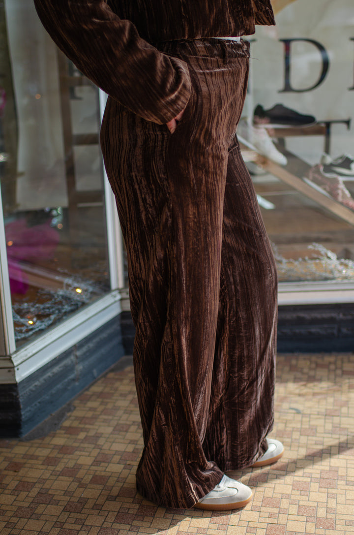 Pure Luxury Chocolate Brown Crushed Velvet Mid Rise Pant