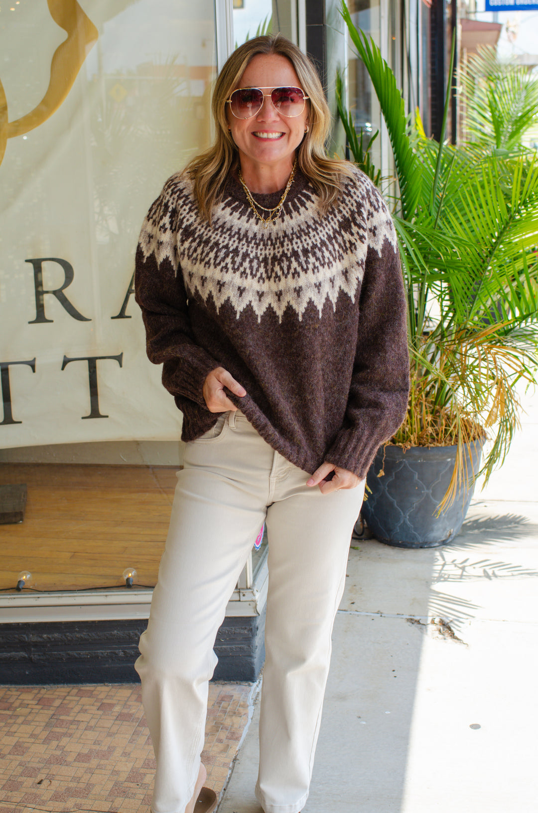 Snow Top Mountain Fair Isle Yoke Sweater in Chocolate