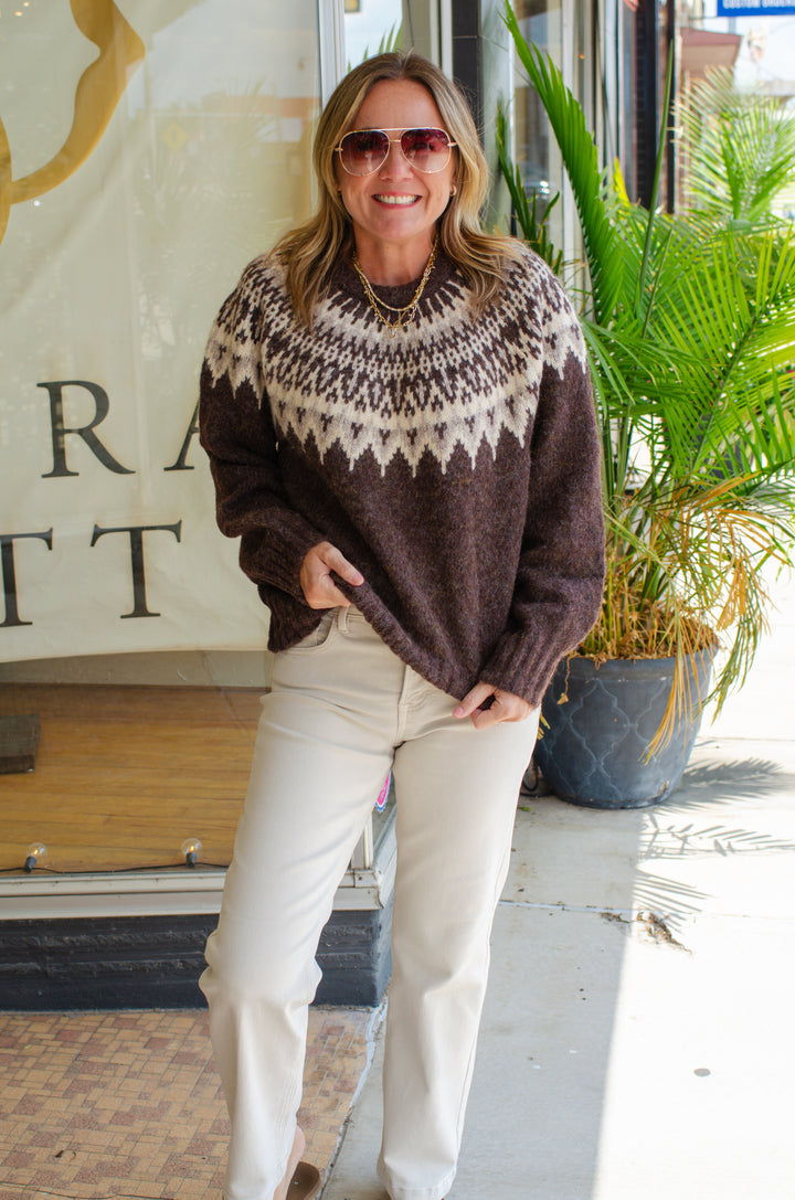 Snow Top Mountain Fair Isle Yoke Sweater in Chocolate