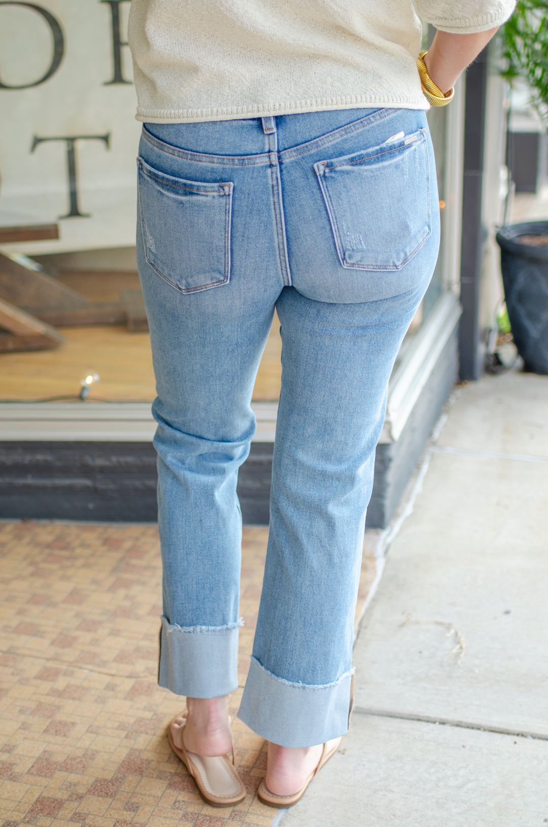 Risen Tummy Control 4 Way Stretch Mid Rise Crop Straight Cuffed Jeans in Medium