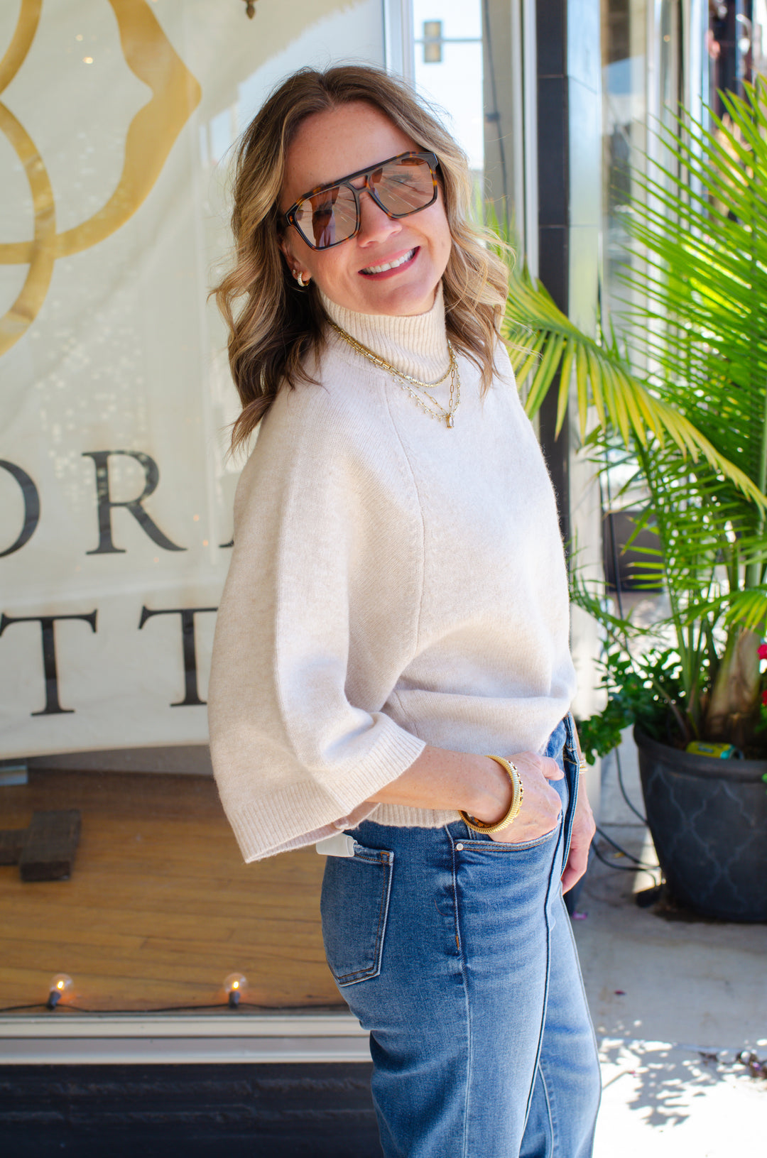 Every Move You Make Cream Mock Neckline 3/4 Sleeve Sweater in Cream