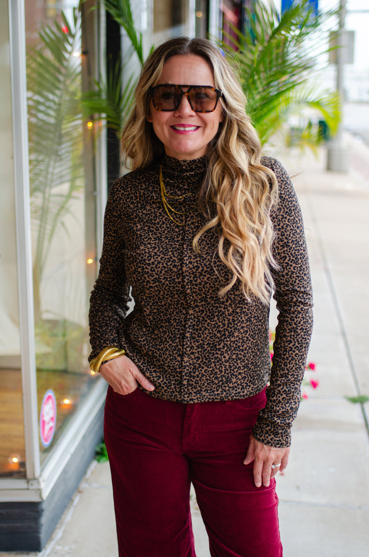 Walk On The Wild Side Fitted Leopard Mock Neck Top