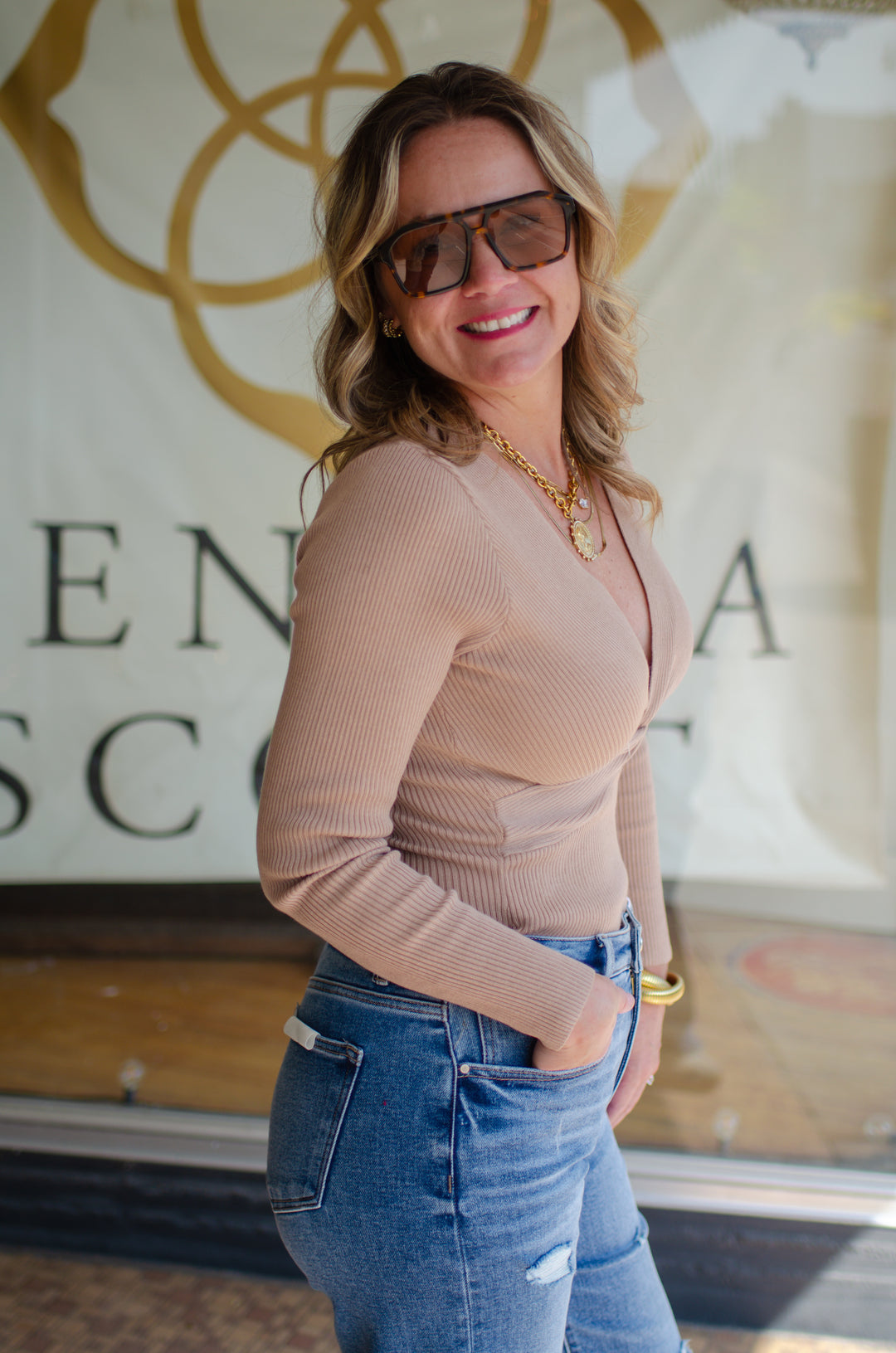 Turn Me Around Twist Front Ribbed Bodysuit in Camel