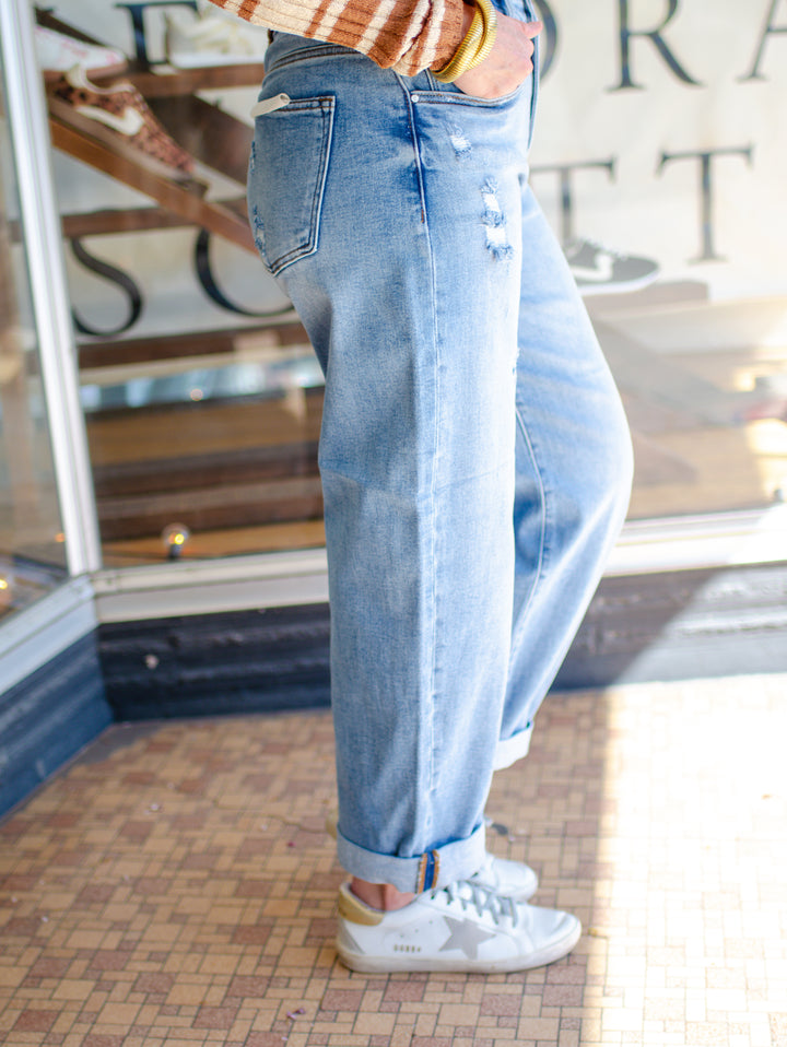 Risen Slouchy Ankle Length Barrel Jeans with Cuff in Medium