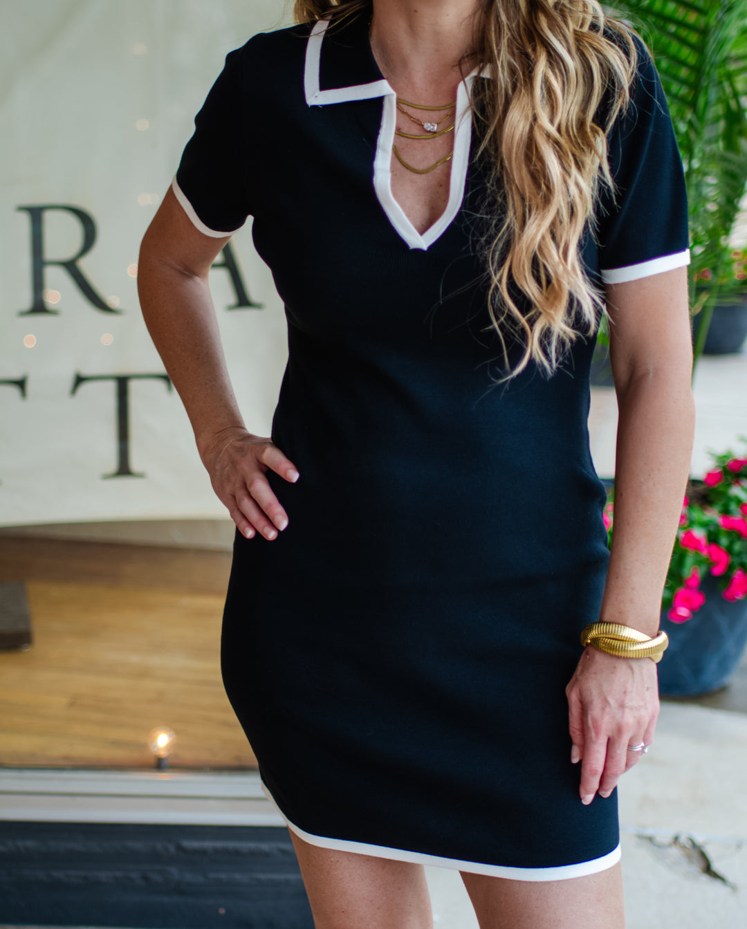 Classic Style Collared Knit Dress in Black with White Trim