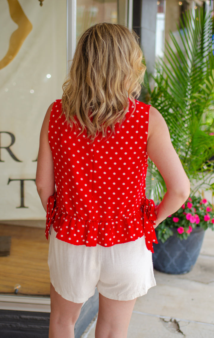 Spot On Red Polka Dot Ruffle Hem Bow Side Tank