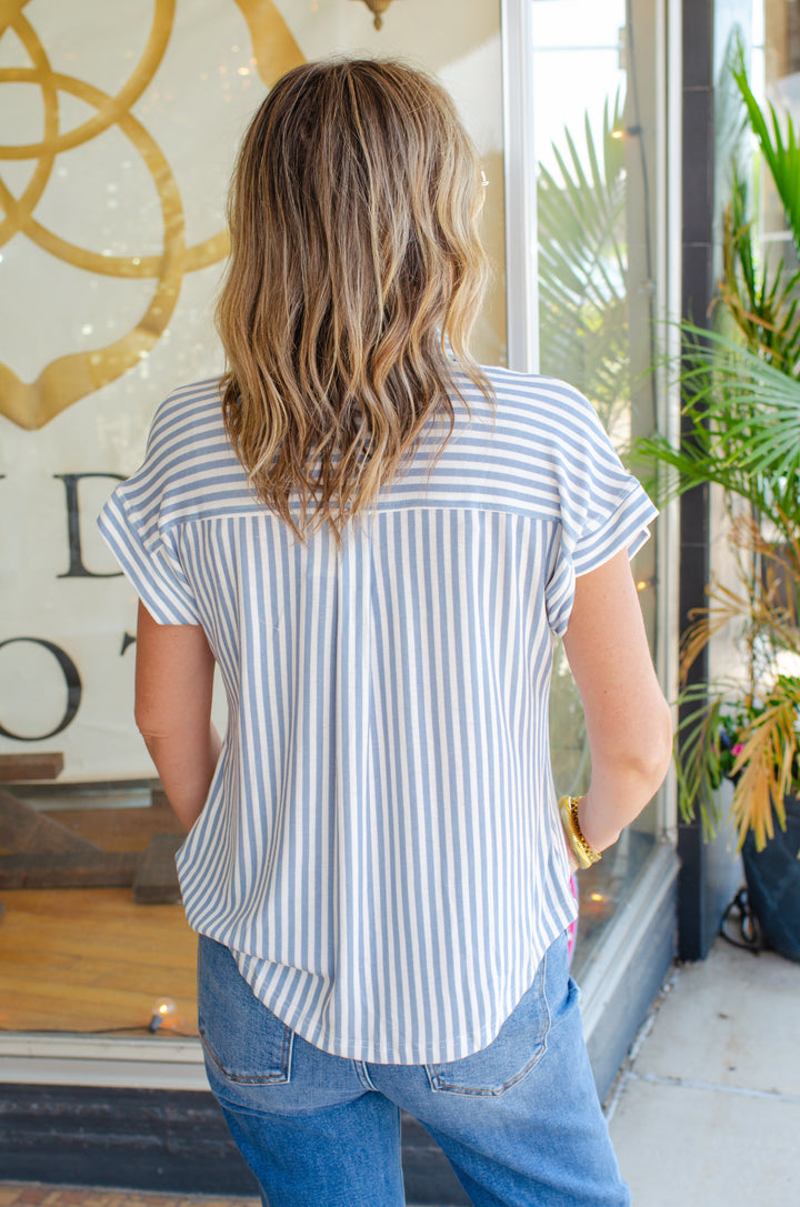 Classic Casual Button Down Collared Top in Dusty Blue
