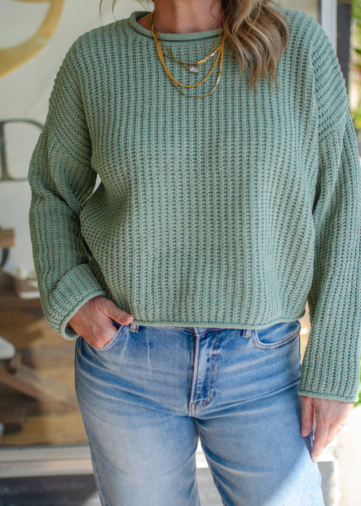 Winter Wonder Rolled Edge Ultra Soft Knit Sweater in Sage