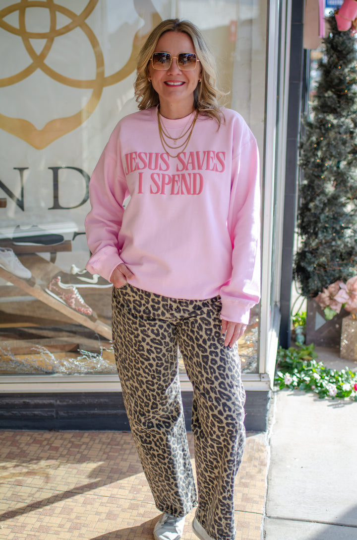 Jesus Saves, I Spend Puff Letter Sweatshirt in Pink