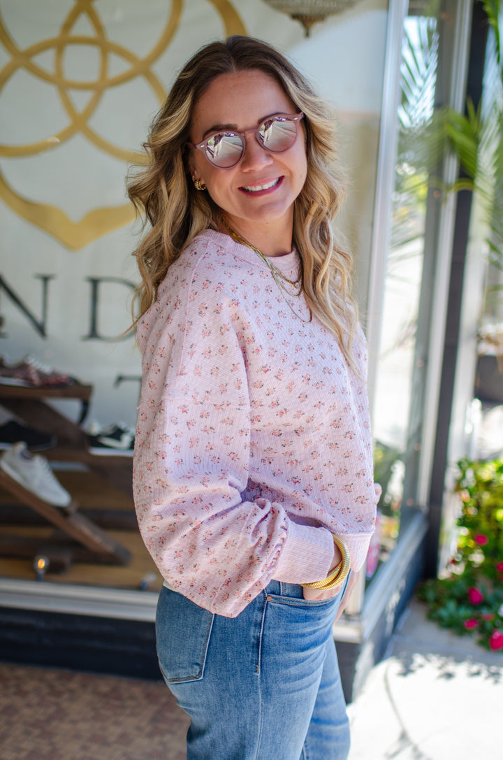 Fall Bouquet Floral Round Neckline Long Sleeve Top in Pink