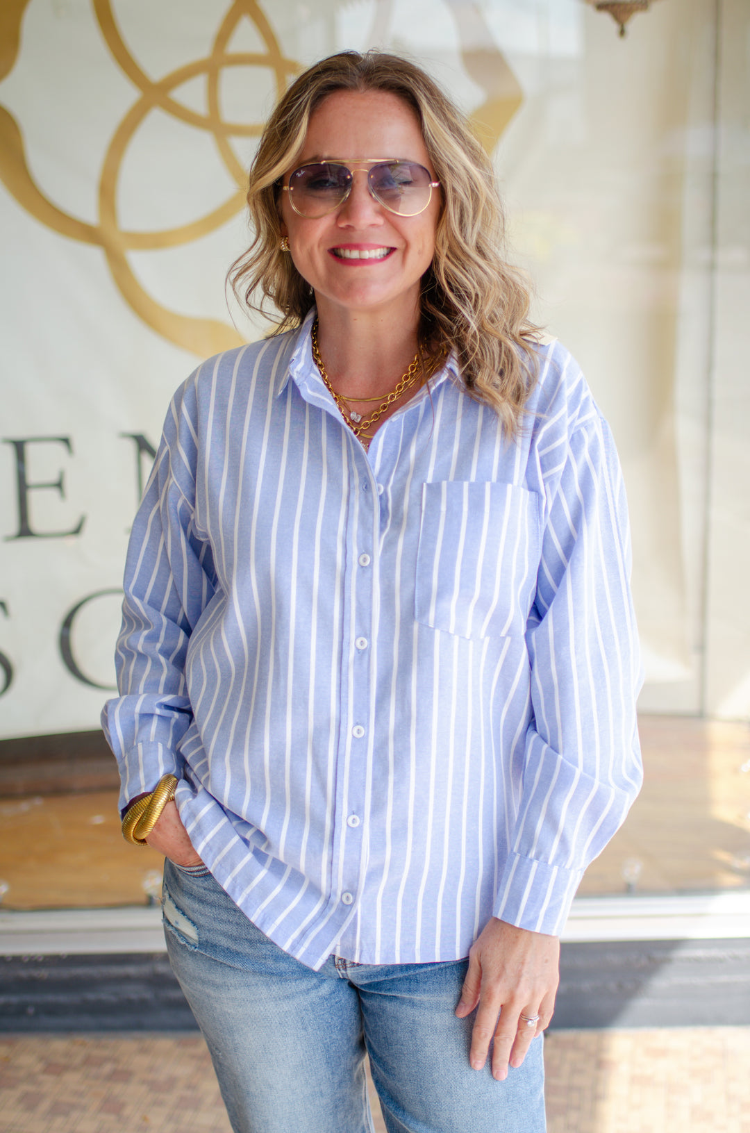 Fall Classic Stripe Button Down Boyfriend Top in Blue