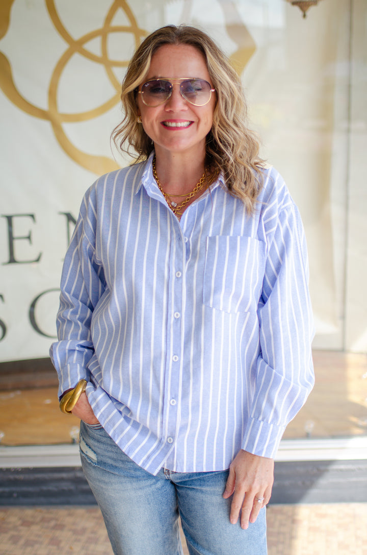 Fall Classic Stripe Button Down Boyfriend Top in Blue