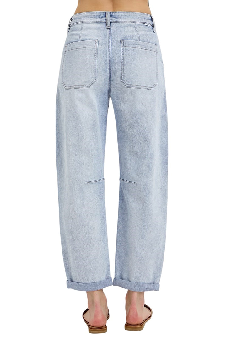 Risen Mid Rise Barrel Relaxed Patch Pocket Jeans in Light Wash