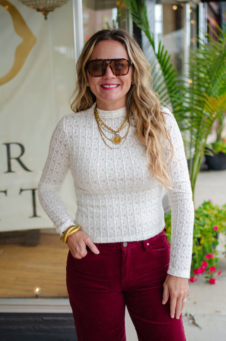 Stripe Floral Jacquard Mock Neck Long Sleeve Top in Ivory