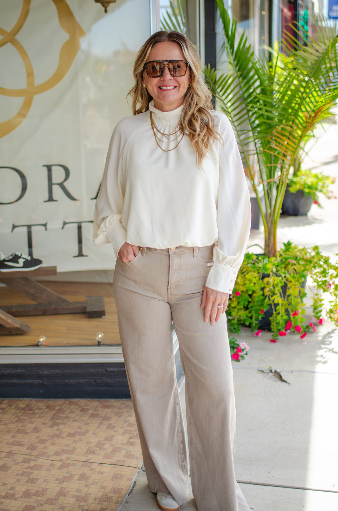 Take Your Time High Necklace Bubble Hem Long Sleeve in Cream