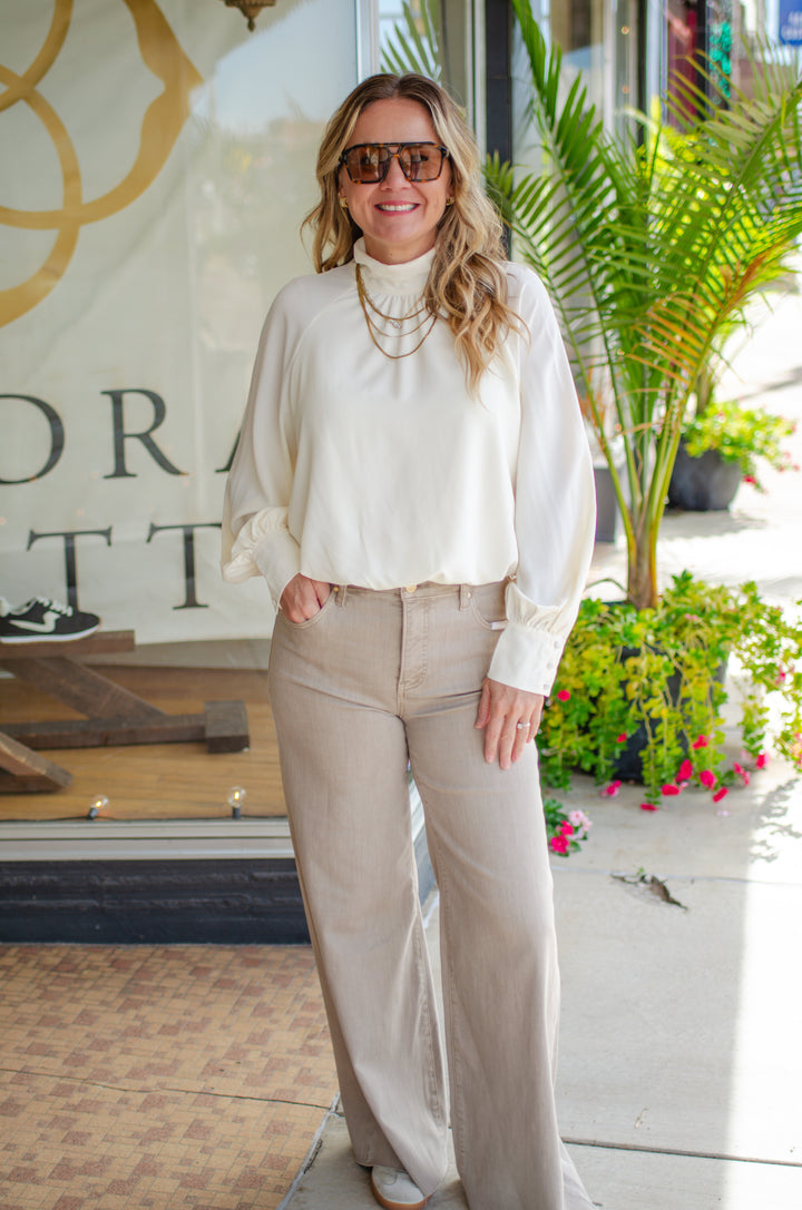 Take Your Time High Necklace Bubble Hem Long Sleeve in Cream