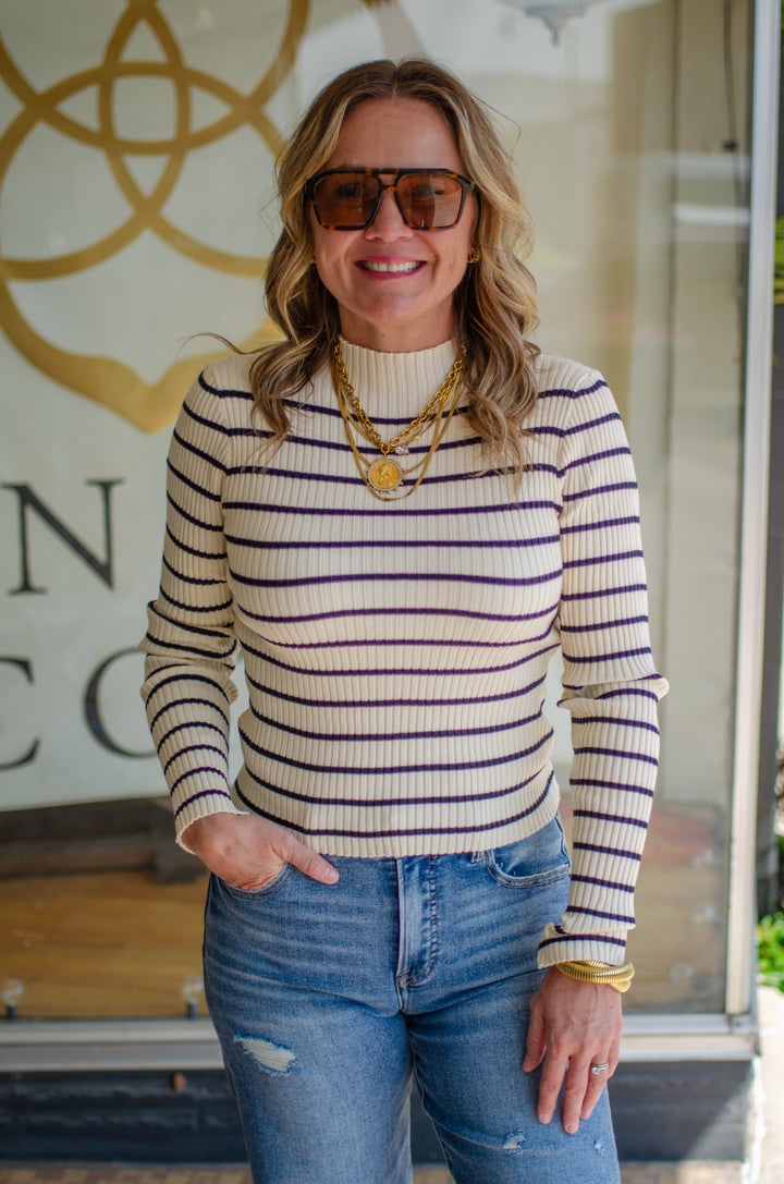 Love Story Ribbed Stripe Fitted Mock Neck Top in Cream