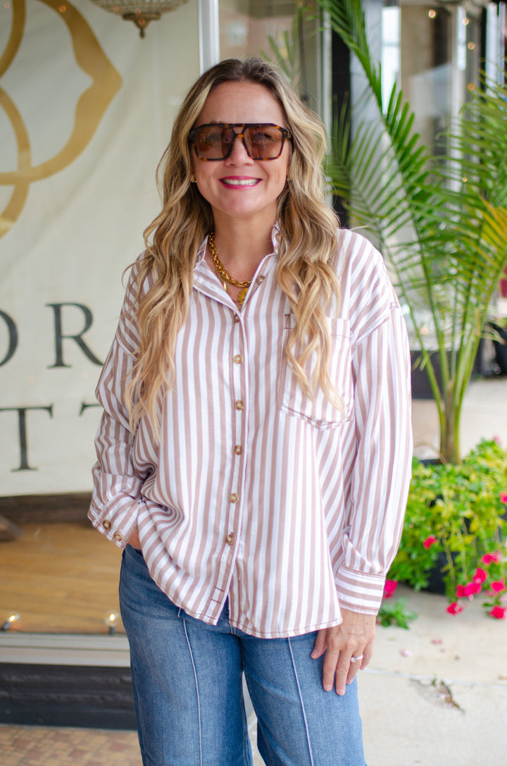 Casual Classic Stripe Collared Button Down Long Sleeve Shirt in Brown