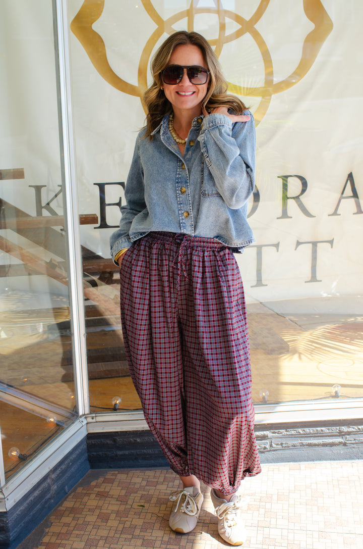 Plaid Boho Balloon Pant in Burgundy Mix