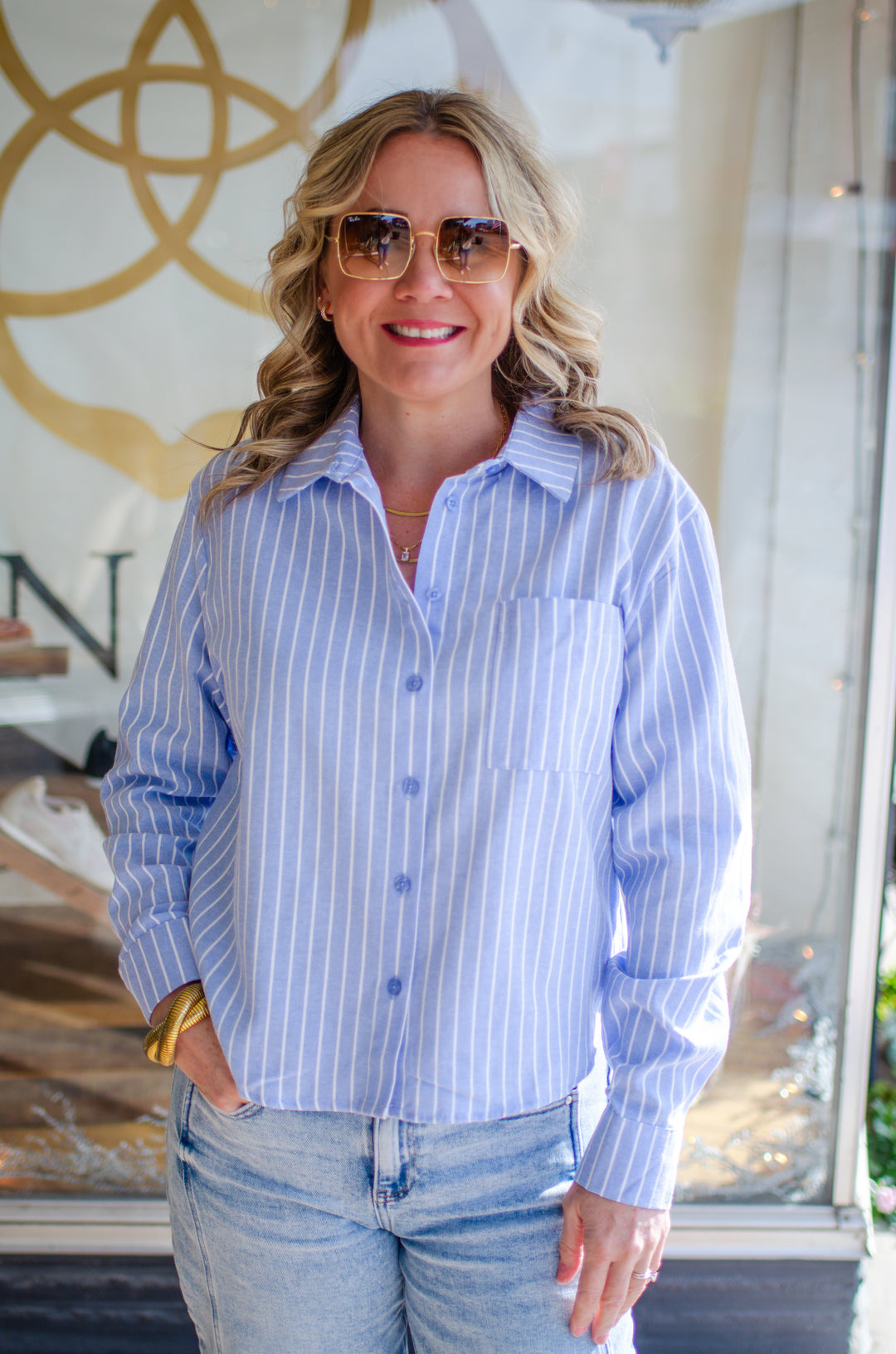 All Buttoned Up Blue & White Stripe Button Down Top