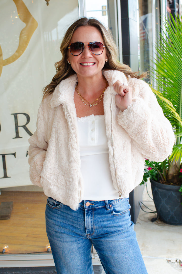 Forever Glam Fur Zip Front Jacket in Cream
