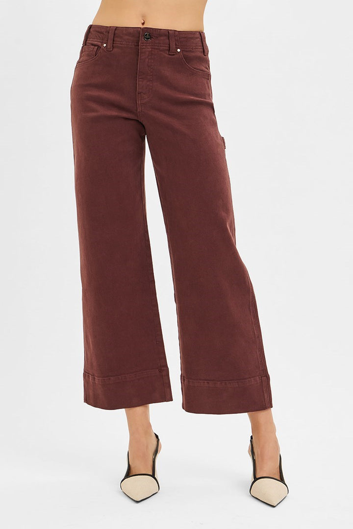 Risen High Rise Tummy Control Wide Leg Cuff Jeans in Chocolate