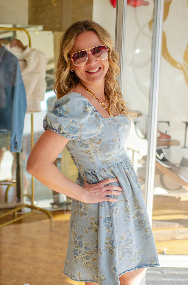 Fields of Floral Denim Puff Sleeve Fitted Waist Dress