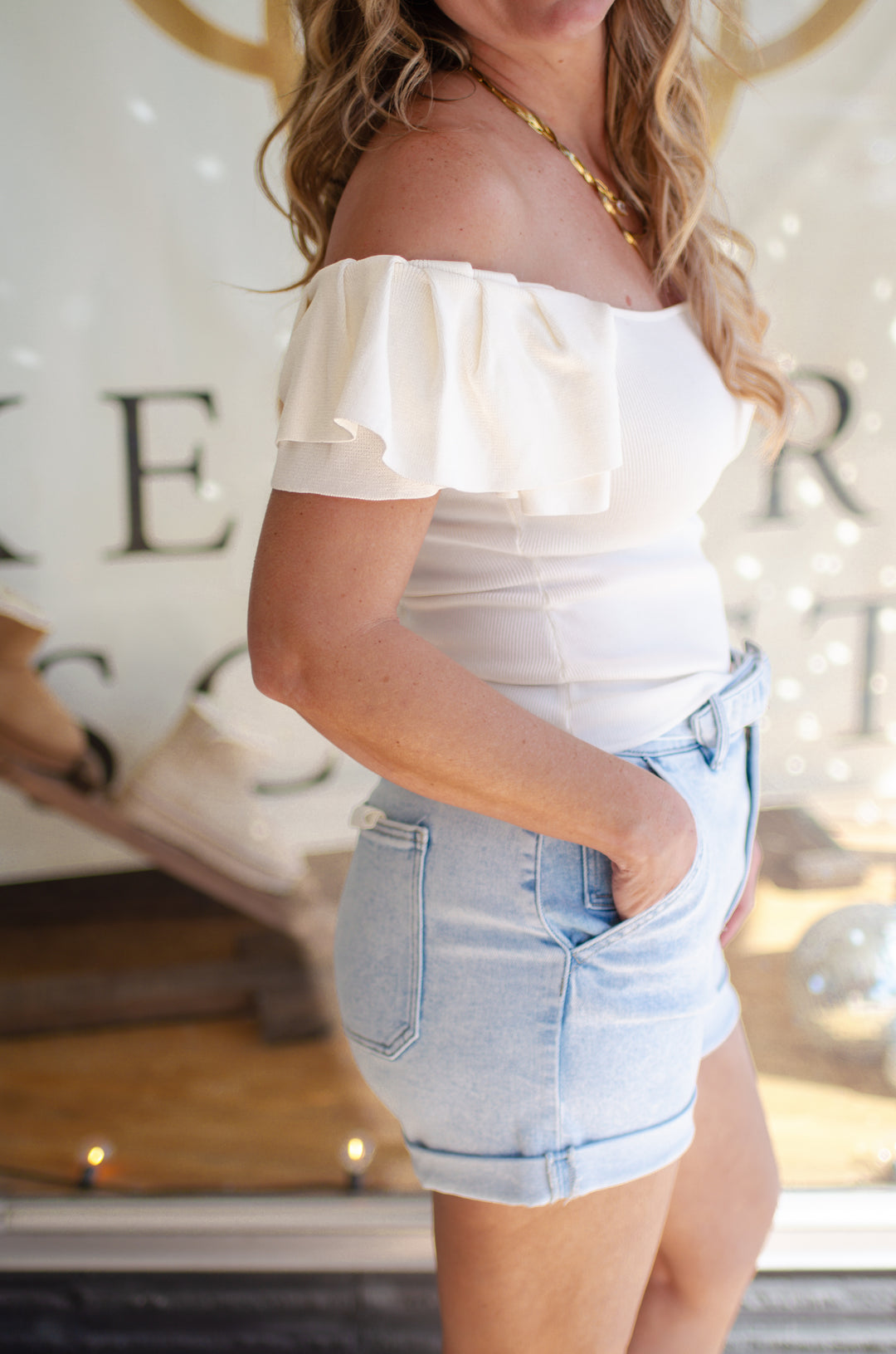 Sweet As Can Be Knit Ruffled Sleeve Fitted Top in White