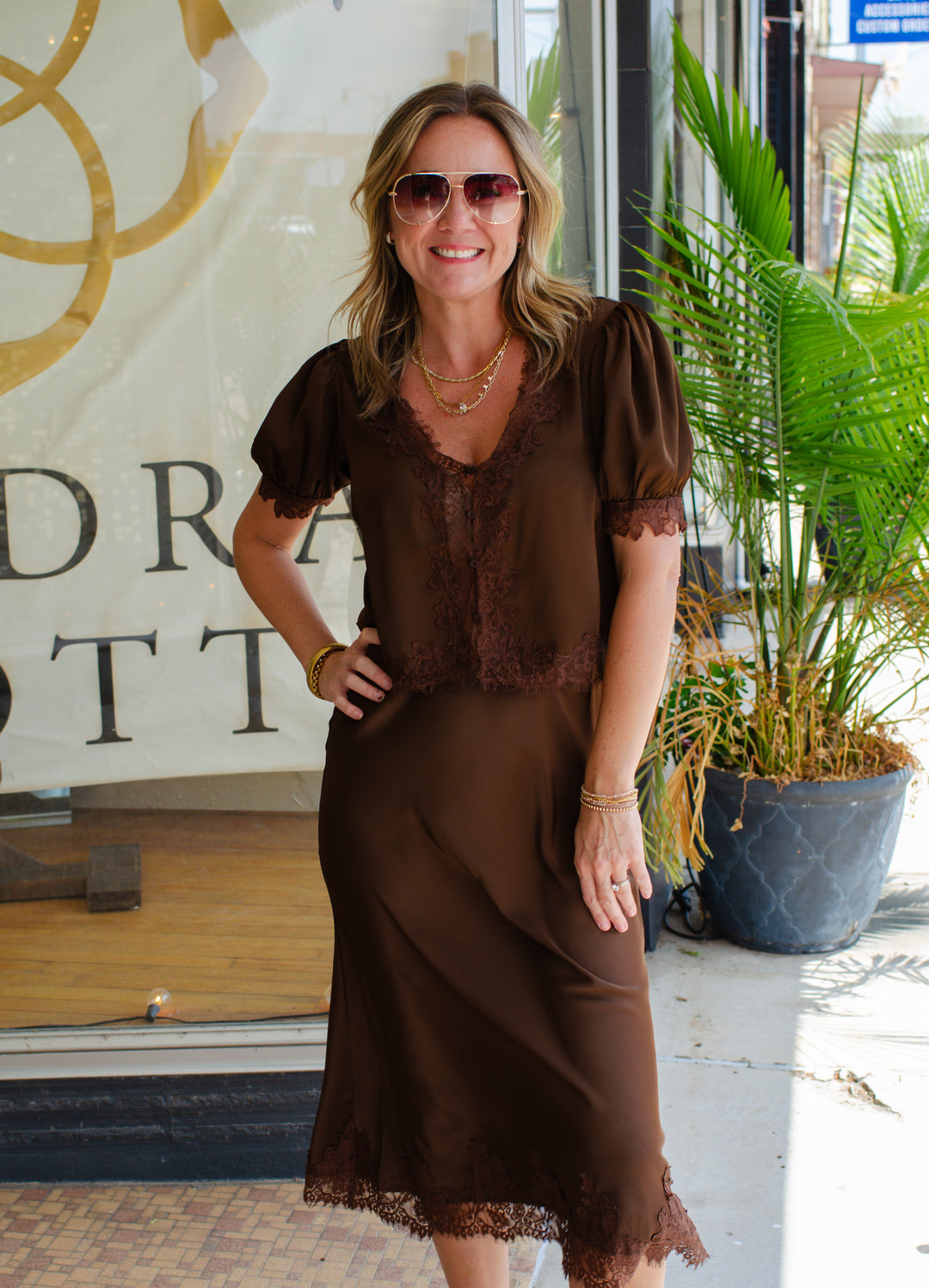 Pure Romance Satin Lace Trim V-Neck Puff Sleeve Blouse in Chocolate
