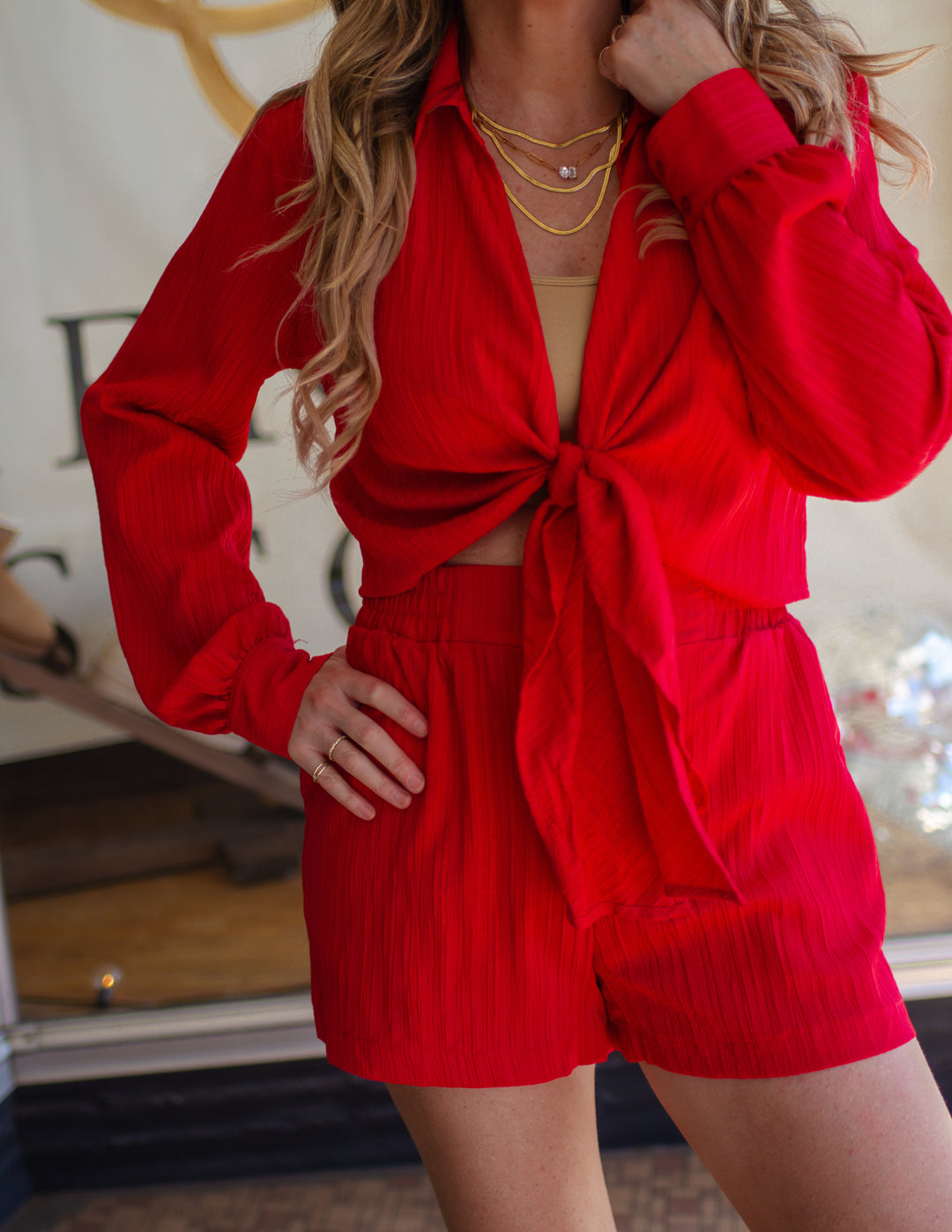 Day Date Tie Front Long Sleeve Blouse in Red