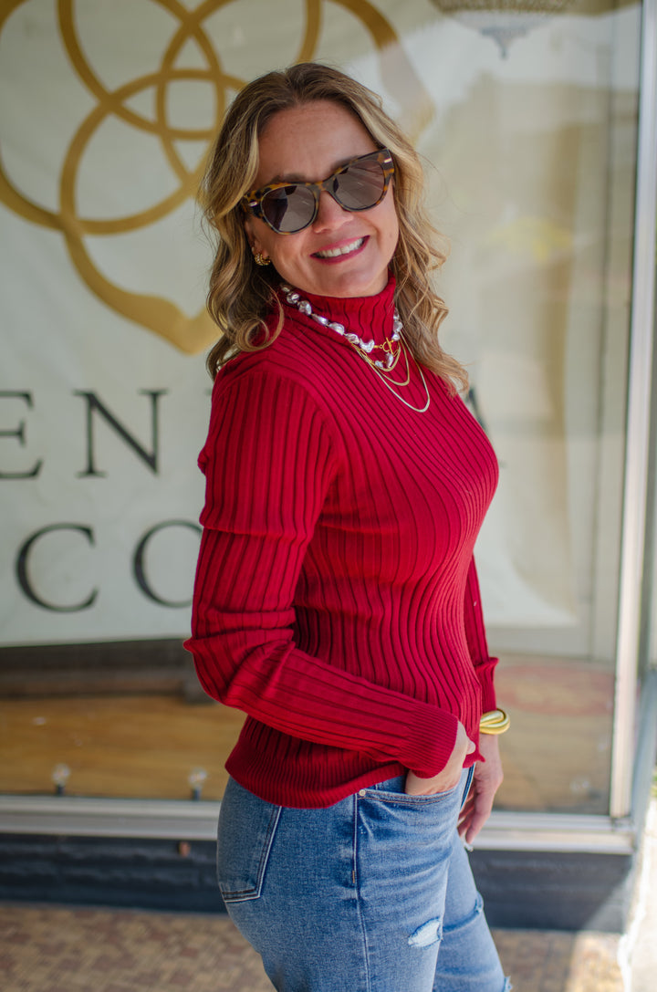 Fall Staple Mock Neck Ribbed Long Sleeve Top in Burgundy