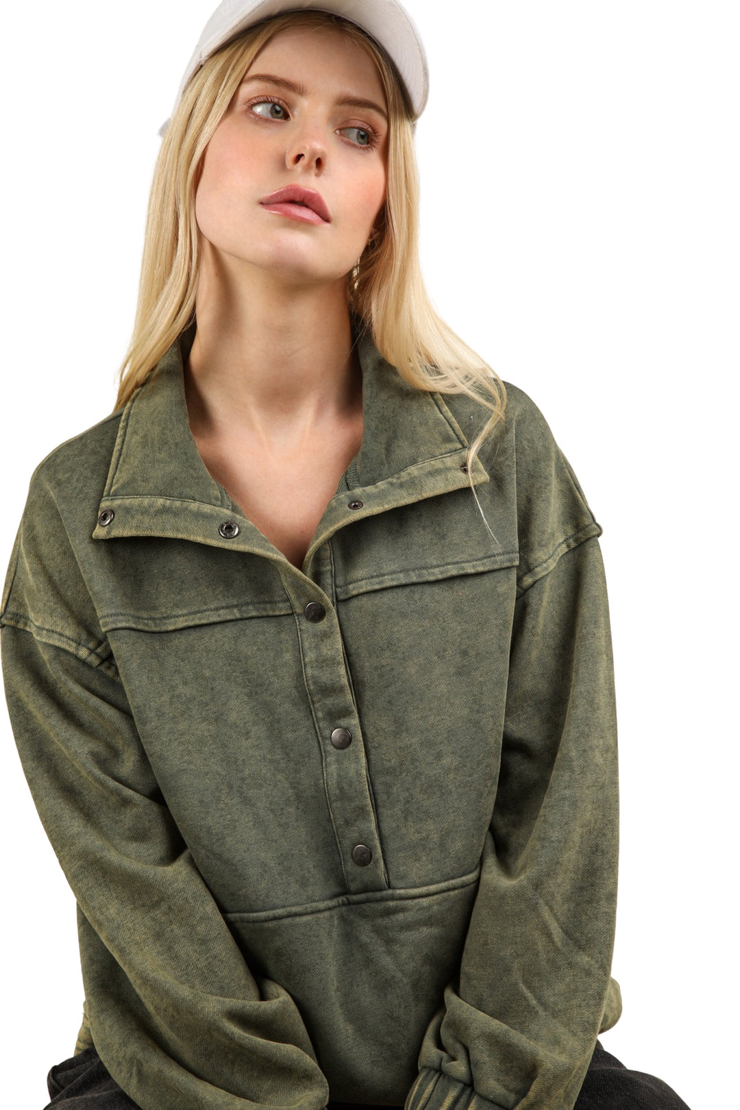 Take It Easy Mineral Washed Button Down Henley Sweatshirt Top in Olive