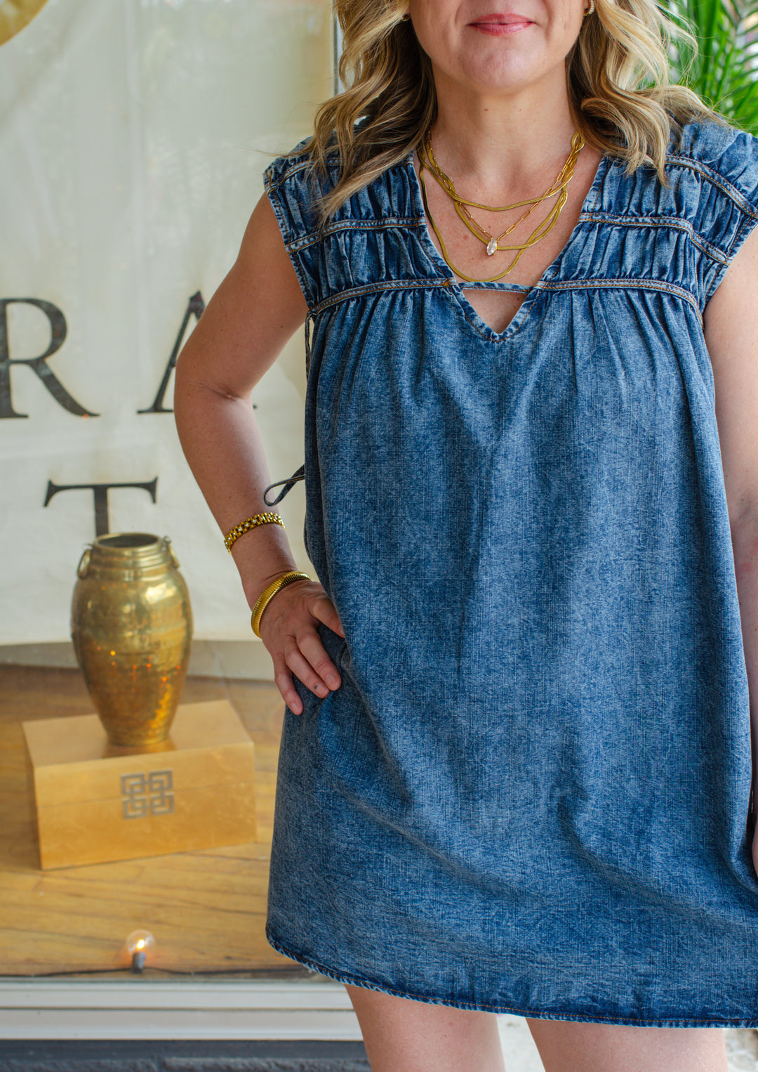 Take Your Time V-Neck Denim Ruched Dress in Medium
